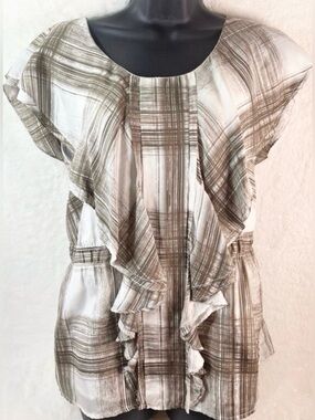 Pure Sugar 100% Silk Ruffle Blouse | Brown & Ivory | Boho Flutter Sleeve | L